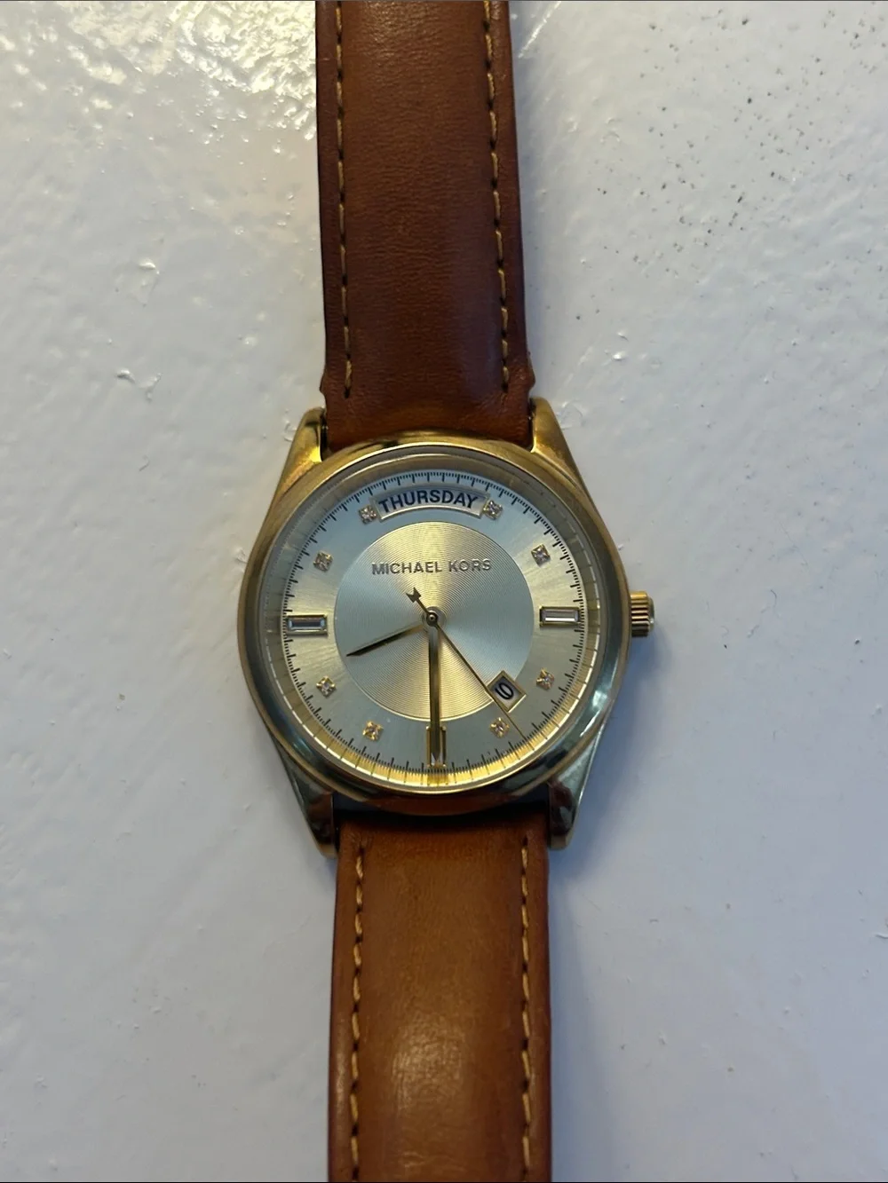 Michael Kors Gold Tone Watch with Brown Leather Strap and White Dial